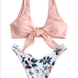 ZAFUL Plant Print Tie Front Bikini Set